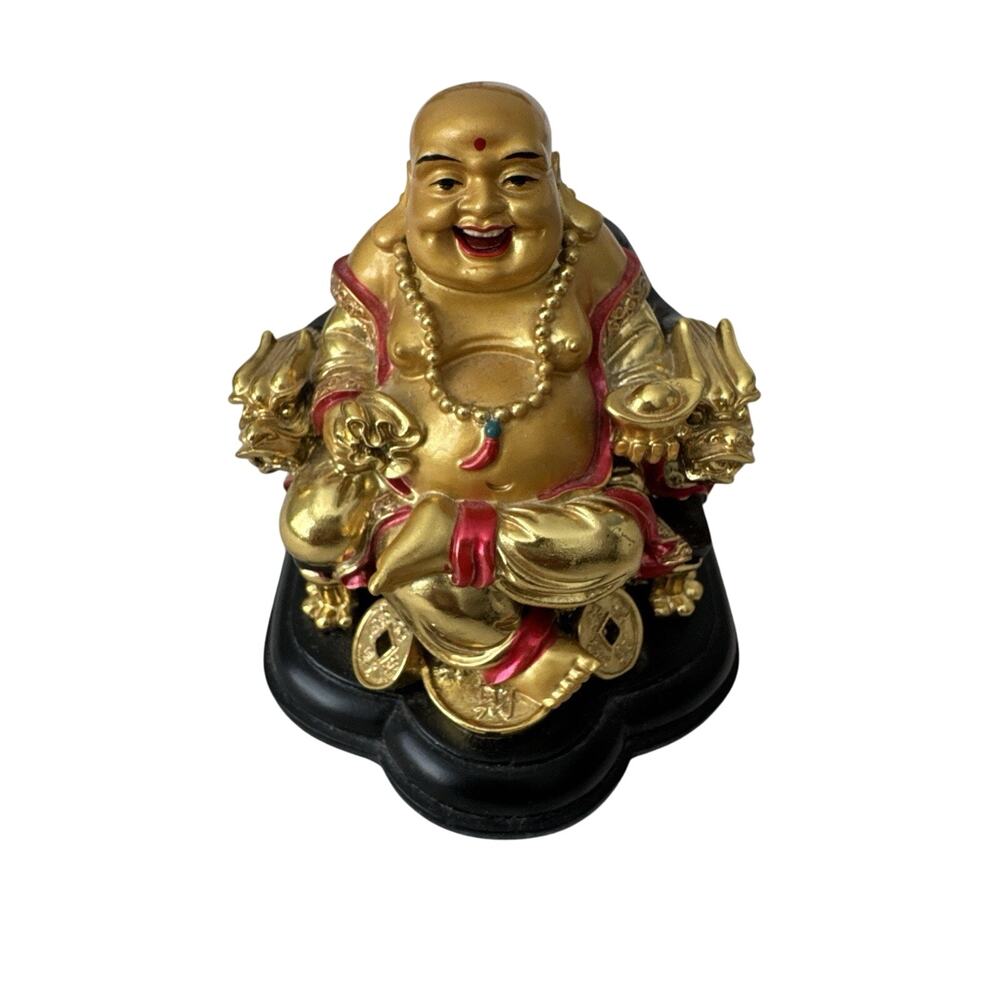 5.25”x5”x5" Golden Money Buddha Statue on Dragon Chair